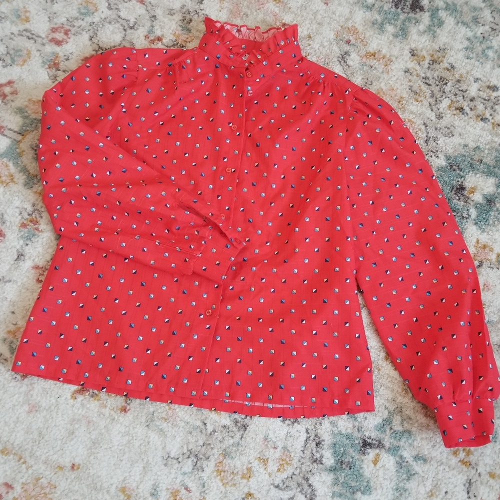 Vintage Red Geometric Patterned Blouse